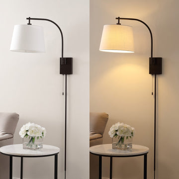 Gosling 22.5" Mid-Century Modern Plug-In or Hardwired Iron LED Gooseneck Swing Arm Wall Sconce with Pull-Chain and USB Charging Port - JONATHAN Y